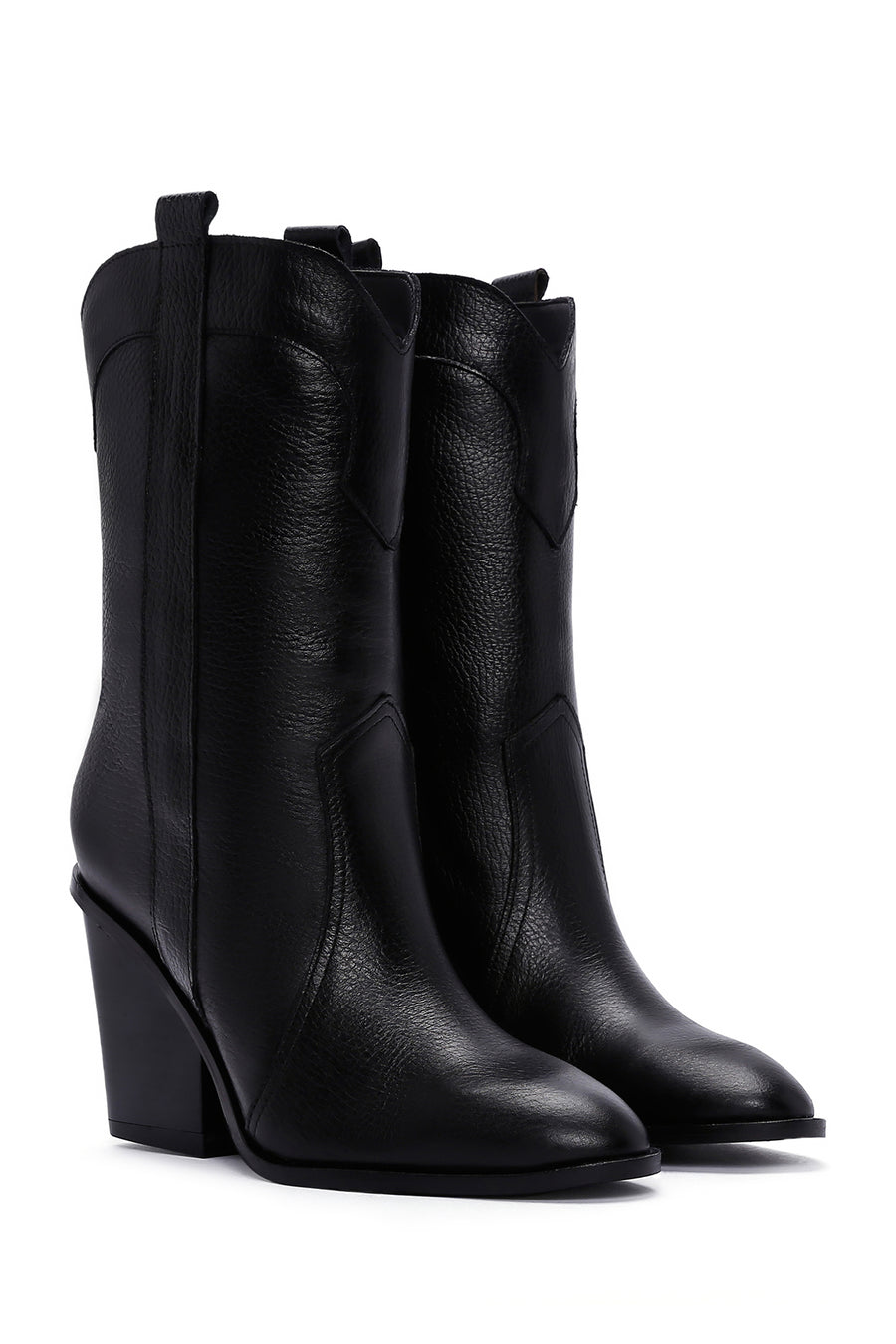 Women's Black Thick Heeled Leather Cowboy Boots