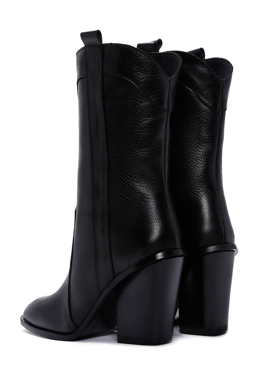 Women's Black Thick Heeled Leather Cowboy Boots