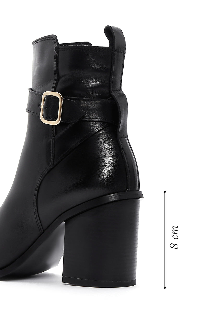 Women's Black Leather Heeled Buckle Boots
