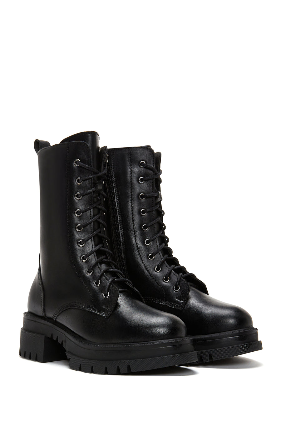Women's Black Leather Thick Soled Boots