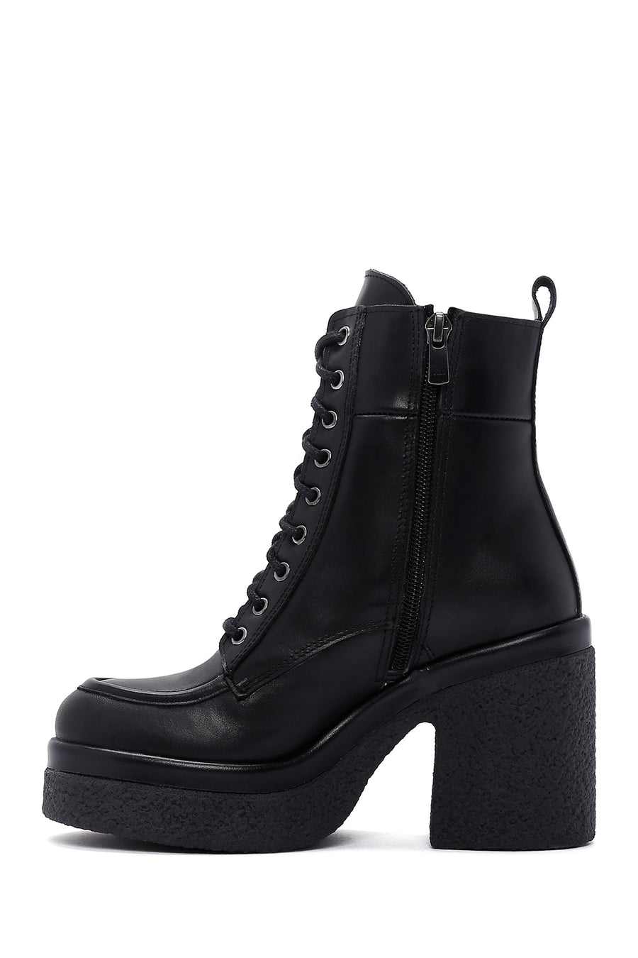 Women's Black Leather Zippered Platform Heeled Boots