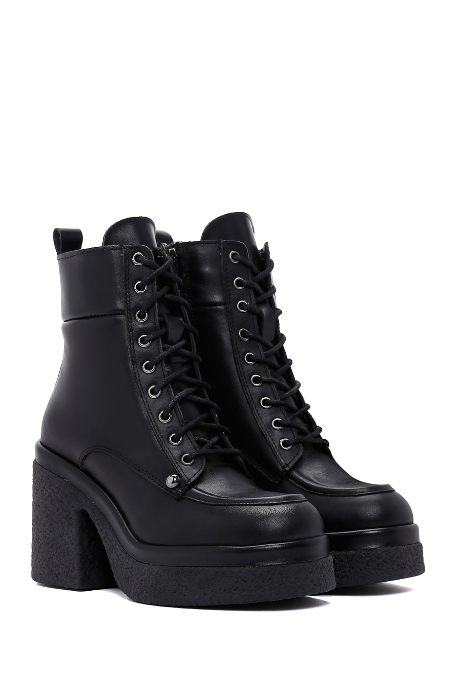 Women's Black Leather Zippered Platform Heeled Boots