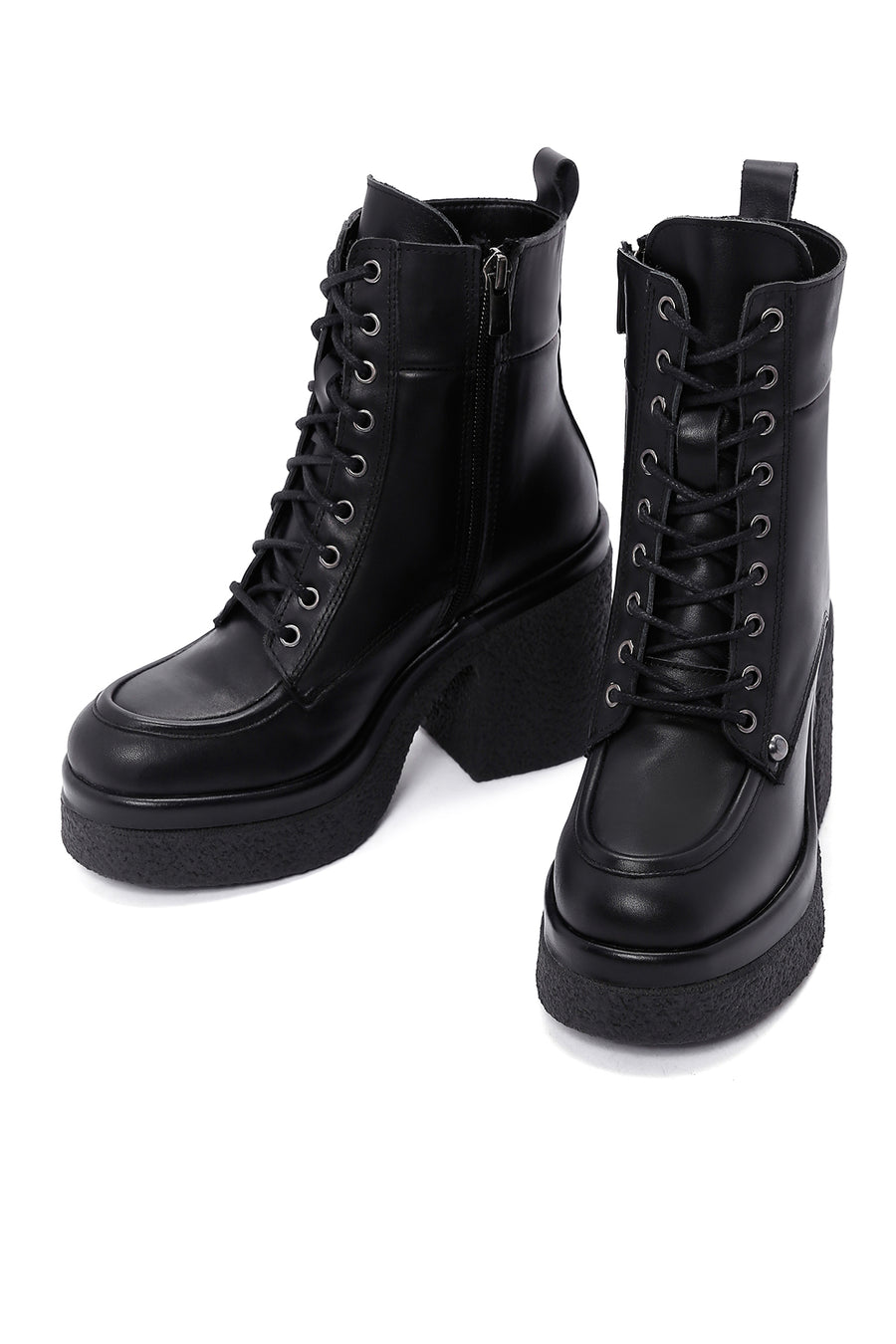 Women's Black Leather Zippered Platform Heeled Boots