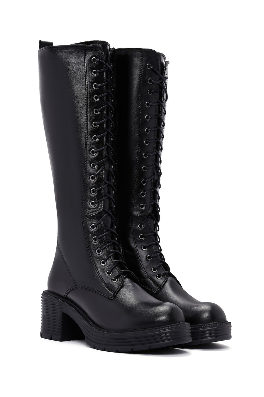 Women's Black Zipper Heeled Leather Boots