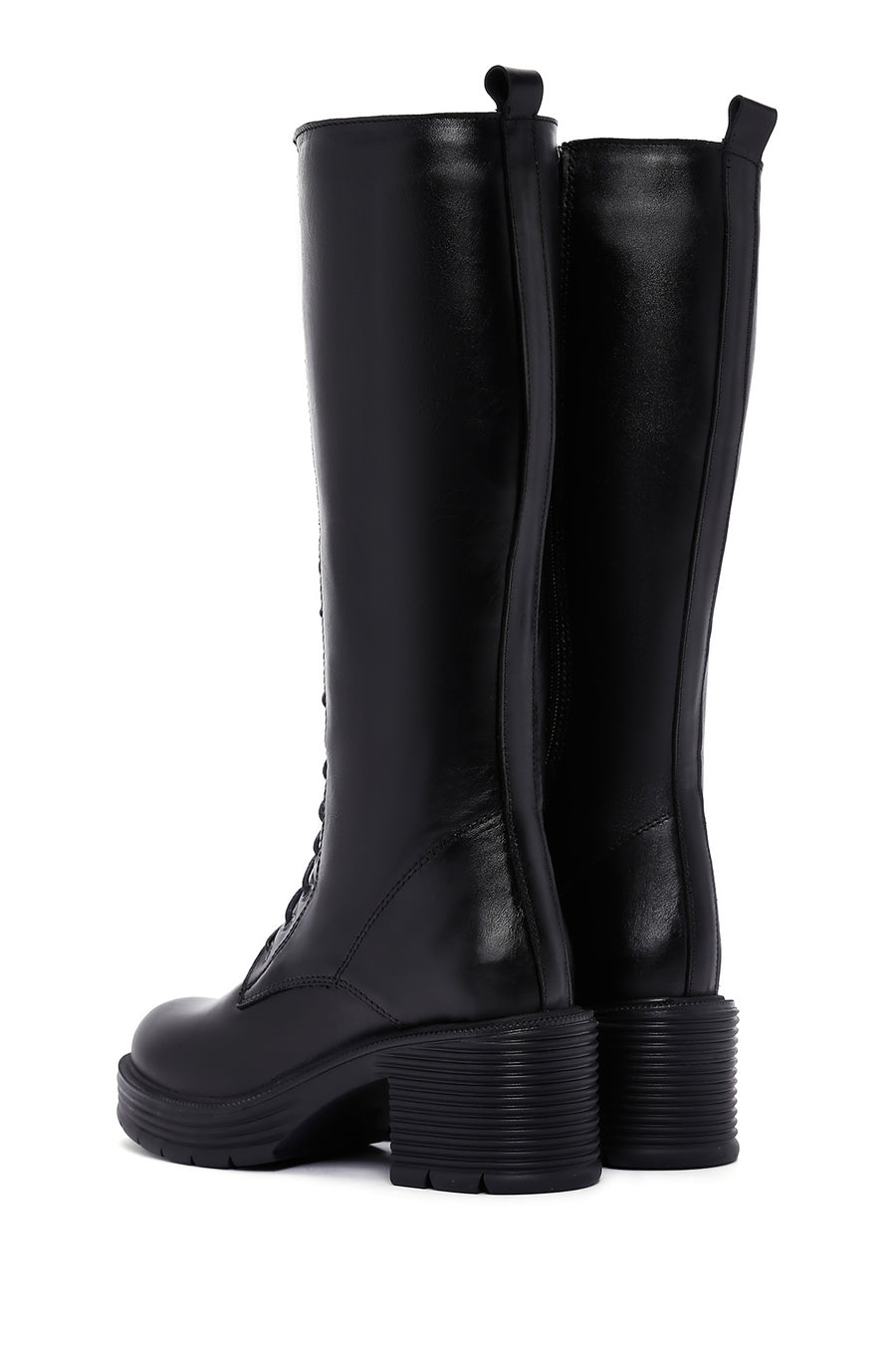 Women's Black Zipper Heeled Leather Boots