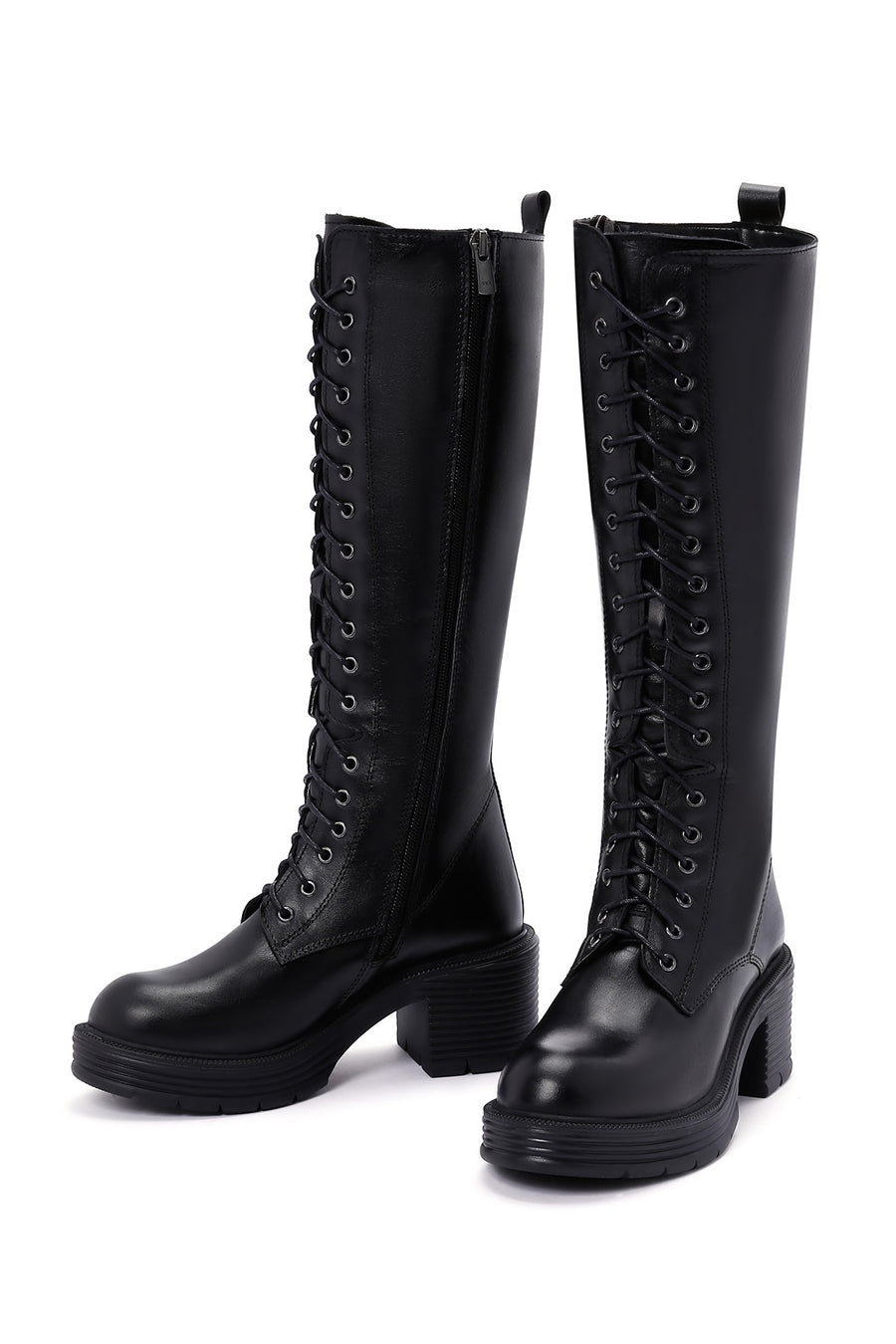 Women's Black Zipper Heeled Leather Boots