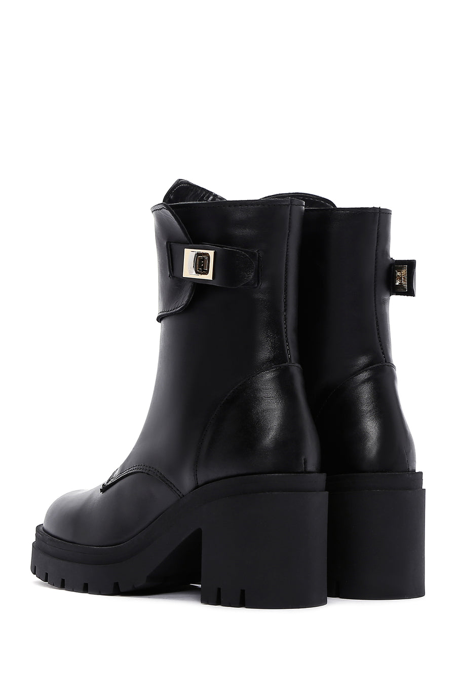 Women's Black Leather Buckle Heeled Boots