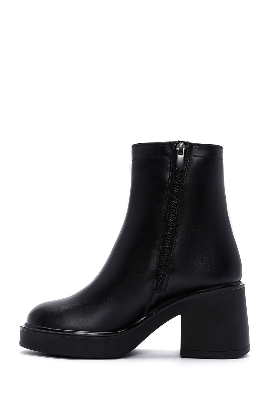 Women's Black Zippered Thick Heeled Leather Boots