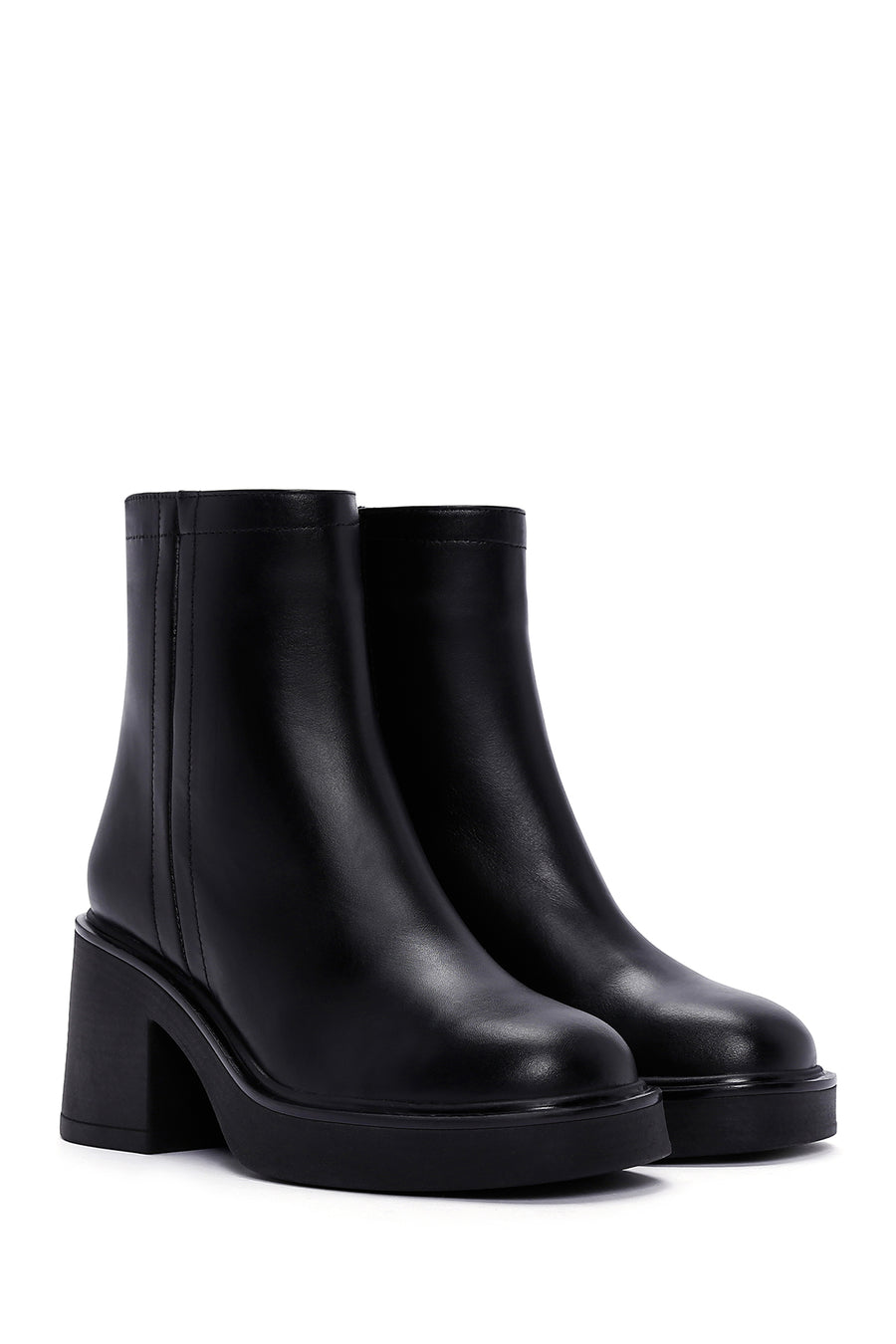 Women's Black Zippered Thick Heeled Leather Boots