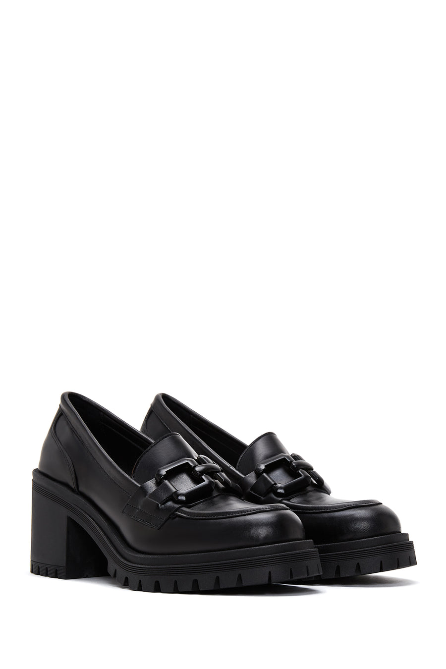Women's Black Leather Heeled Loafer