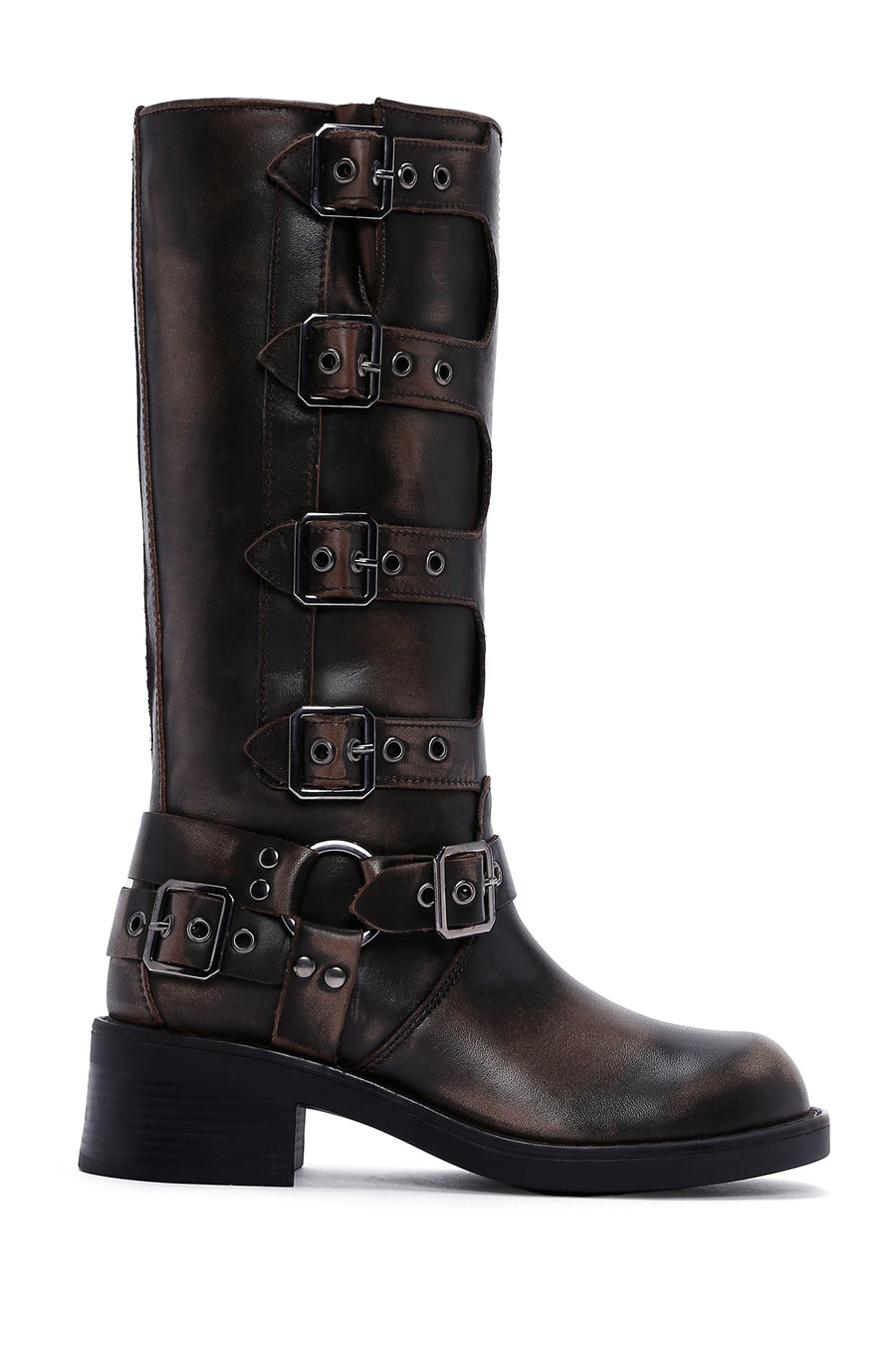 Women's Gray Buckle Biker Leather Boots 23WFD193118 | Derimod