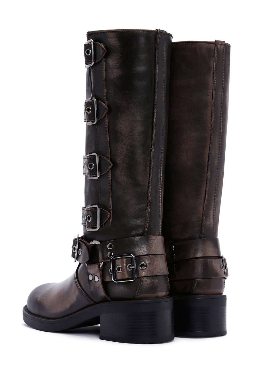 Women's Gray Buckle Biker Leather Boots