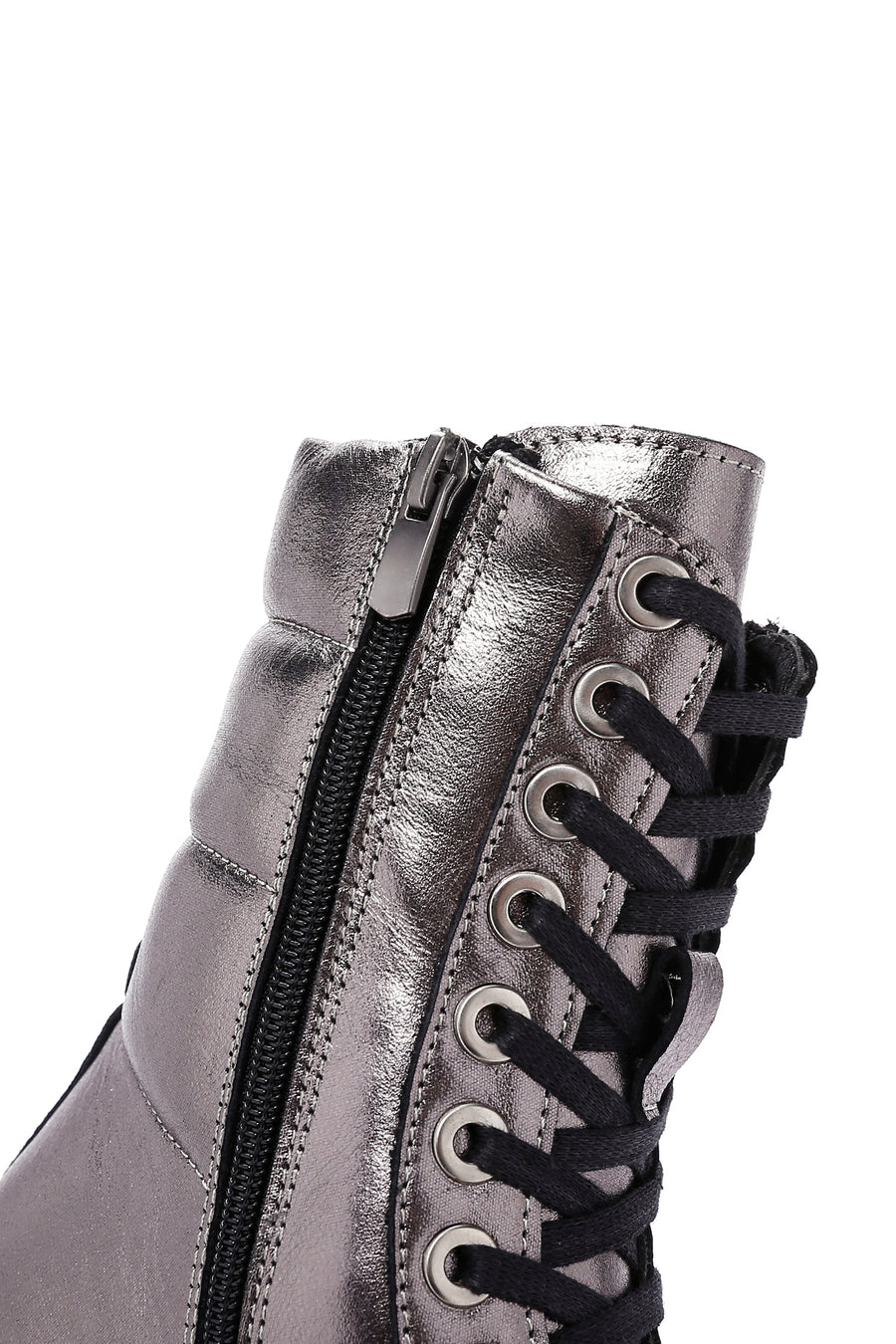 Women's Grey Zippered Metallic Leather Combat Boots
