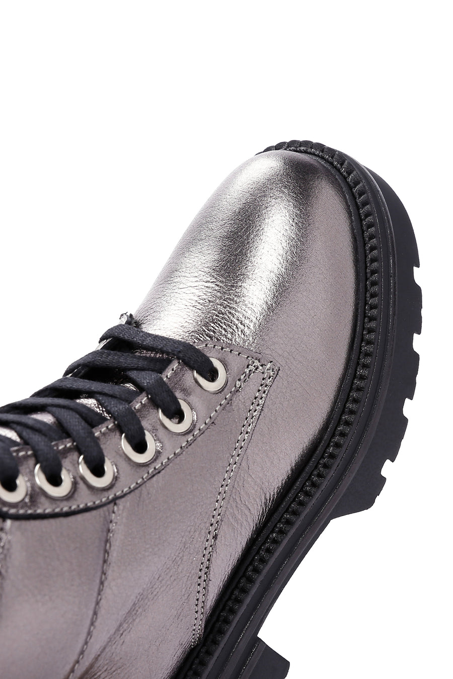 Women's Grey Zippered Metallic Leather Combat Boots