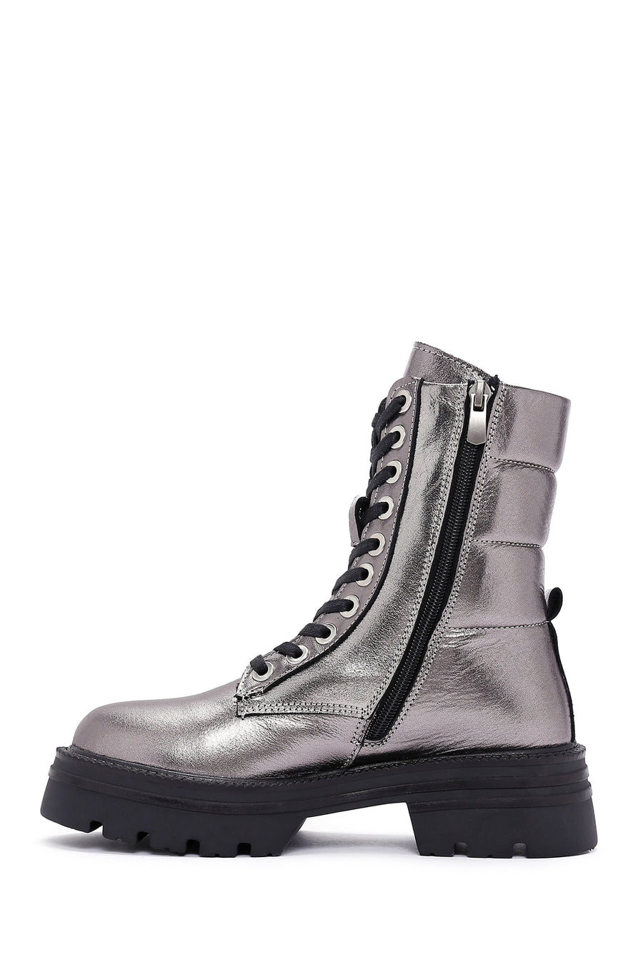 Women's Grey Zippered Metallic Leather Combat Boots