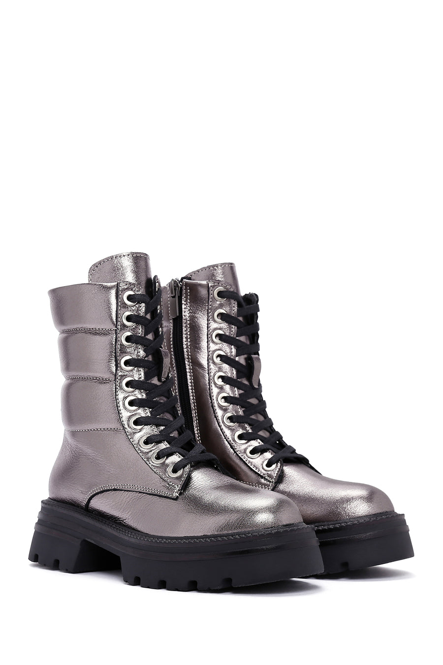 Women's Grey Zippered Metallic Leather Combat Boots