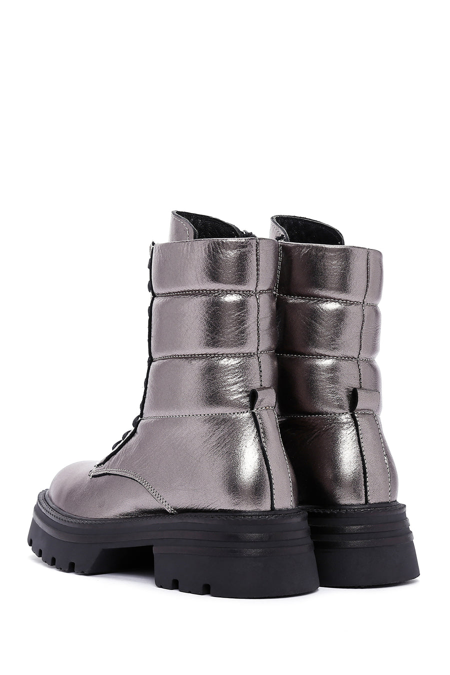 Women's Grey Zippered Metallic Leather Combat Boots