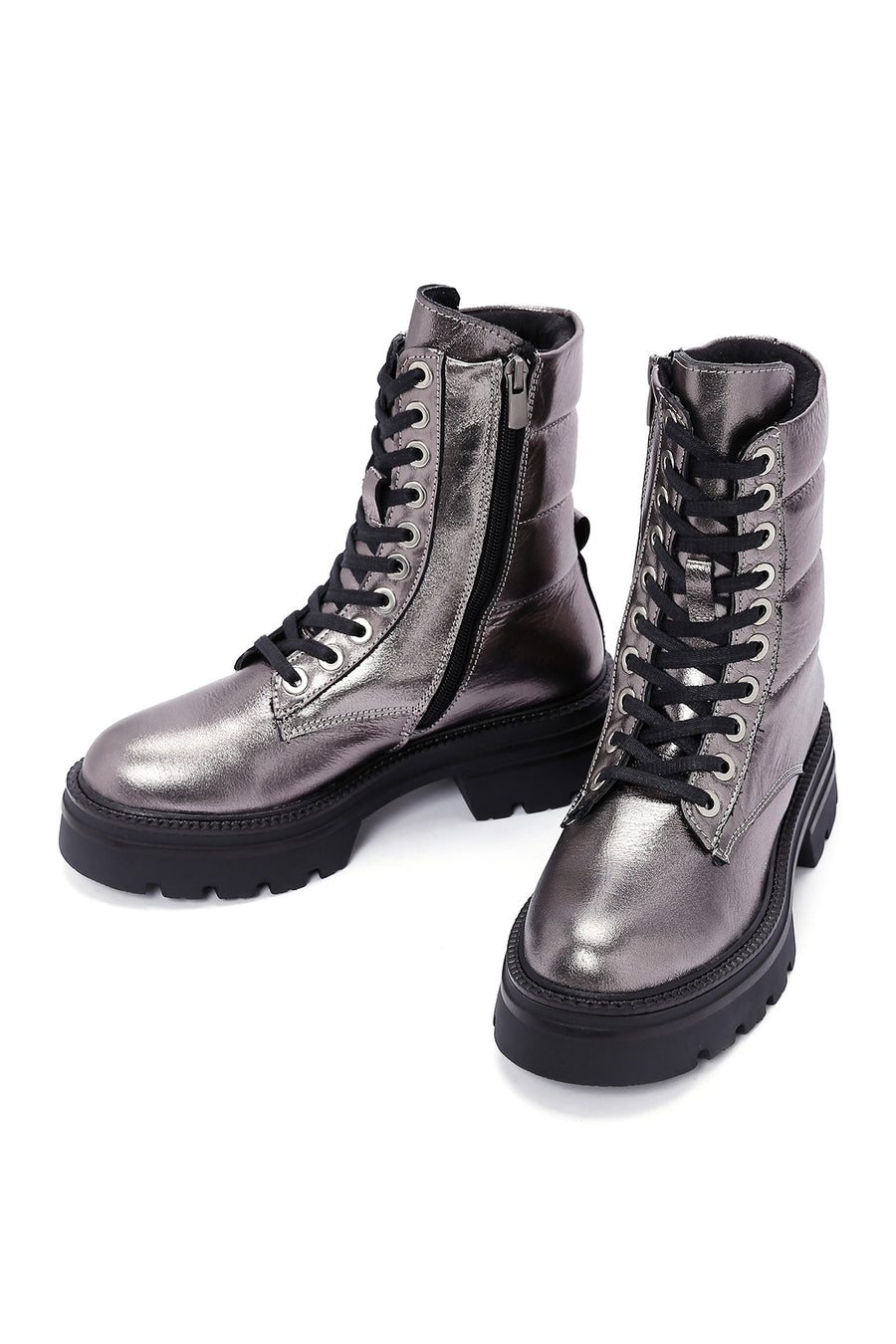 Women's Grey Zippered Metallic Leather Combat Boots
