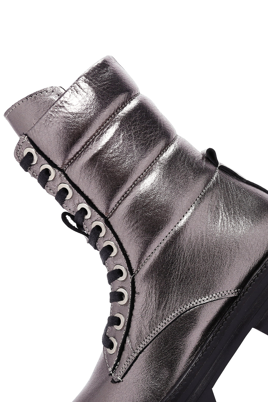 Women's Grey Zippered Metallic Leather Combat Boots