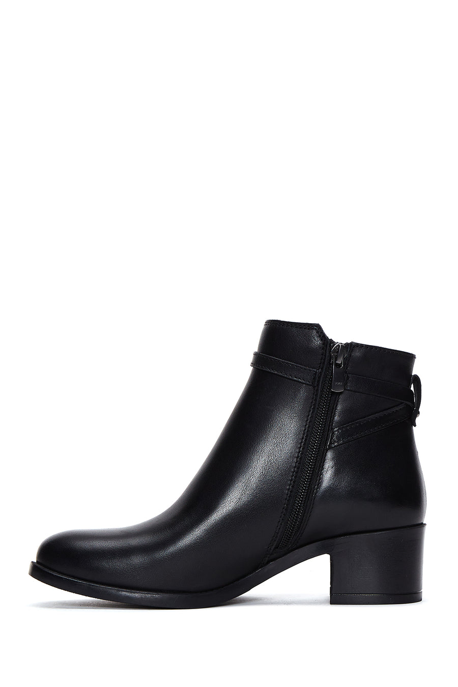 Women's Black Leather Buckle Heeled Boots