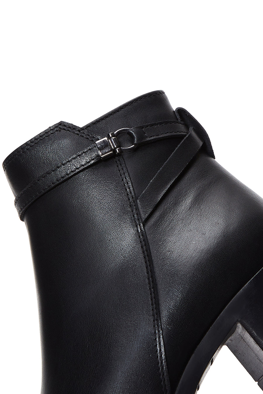 Women's Black Leather Buckle Heeled Boots