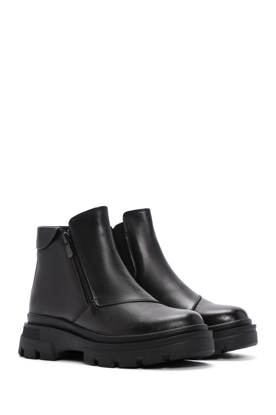Women's Black Leather Zippered Comfort Boots