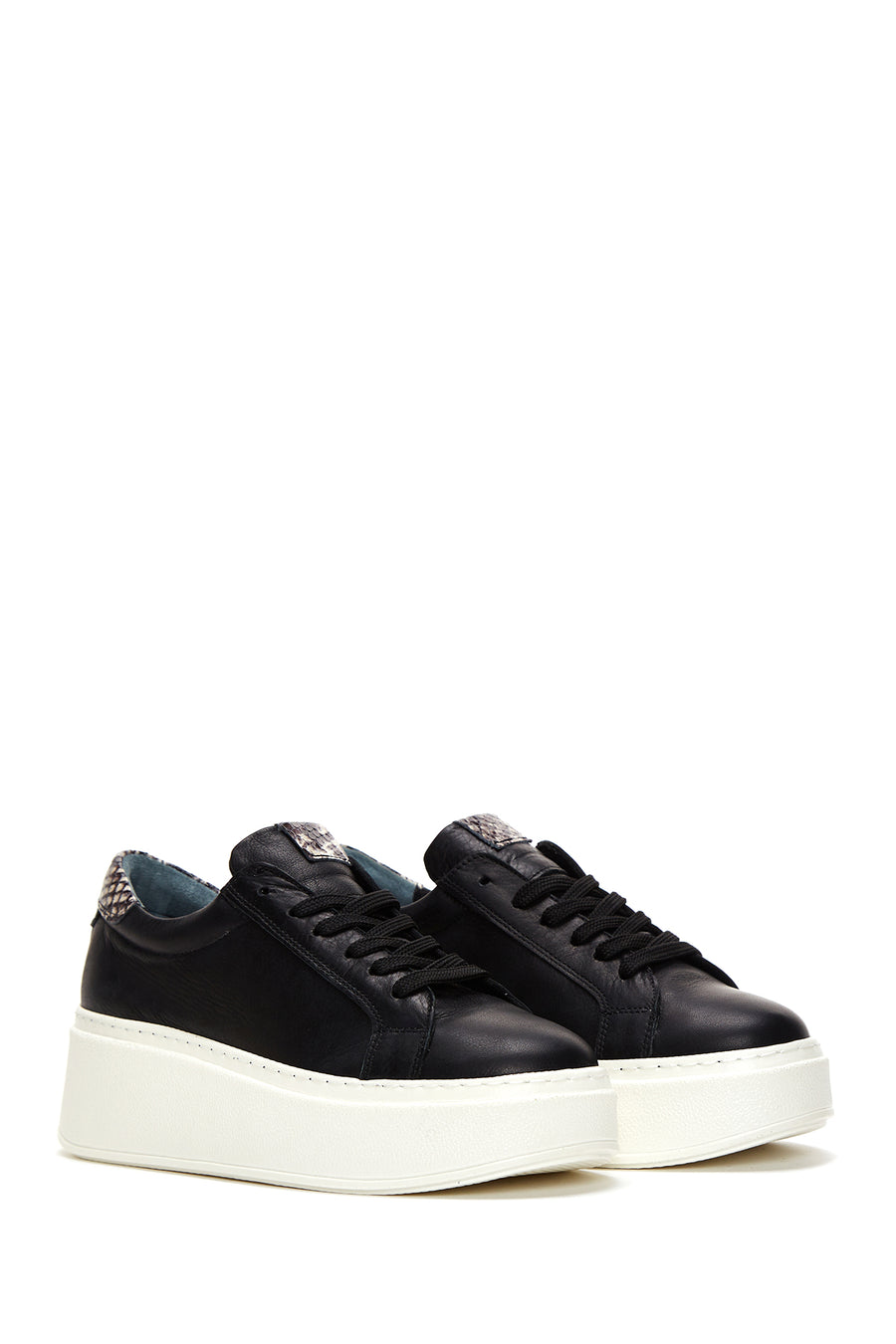 Women's Black Leather Thick Soled Sneaker