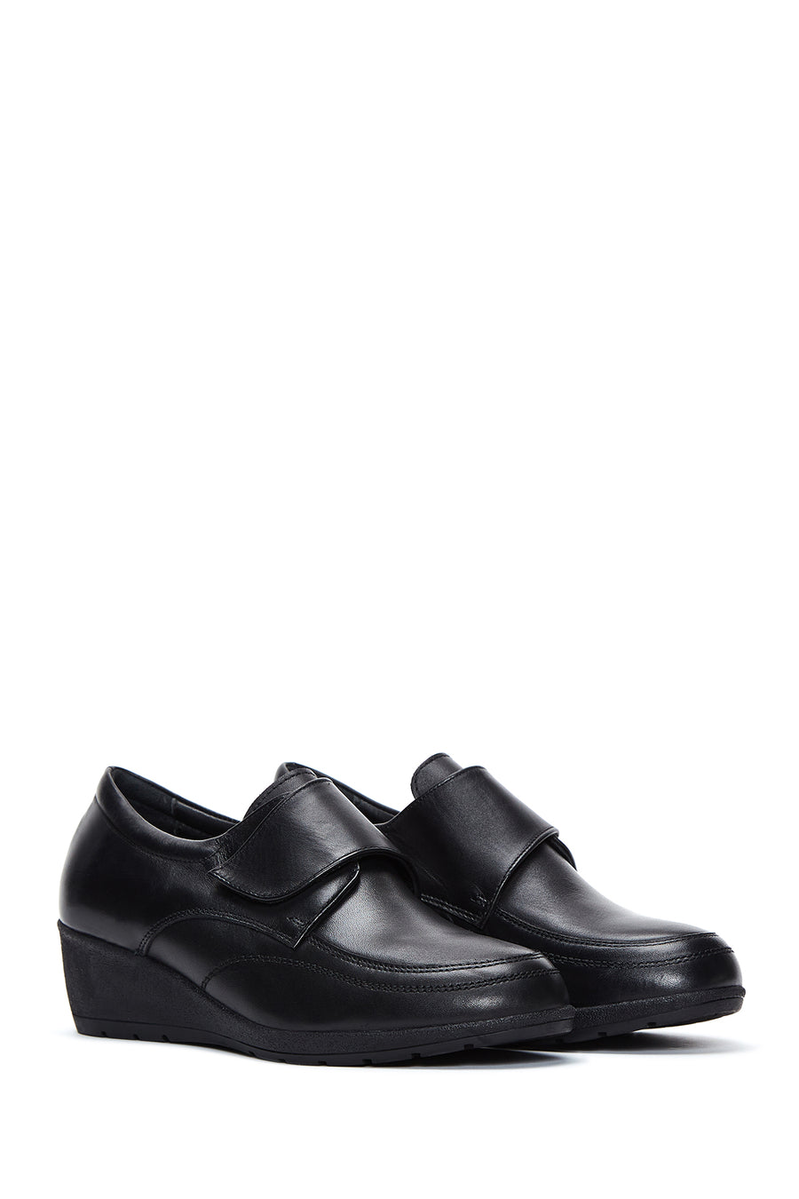 Women's Black Leather Wedge Heel Comfort Shoes