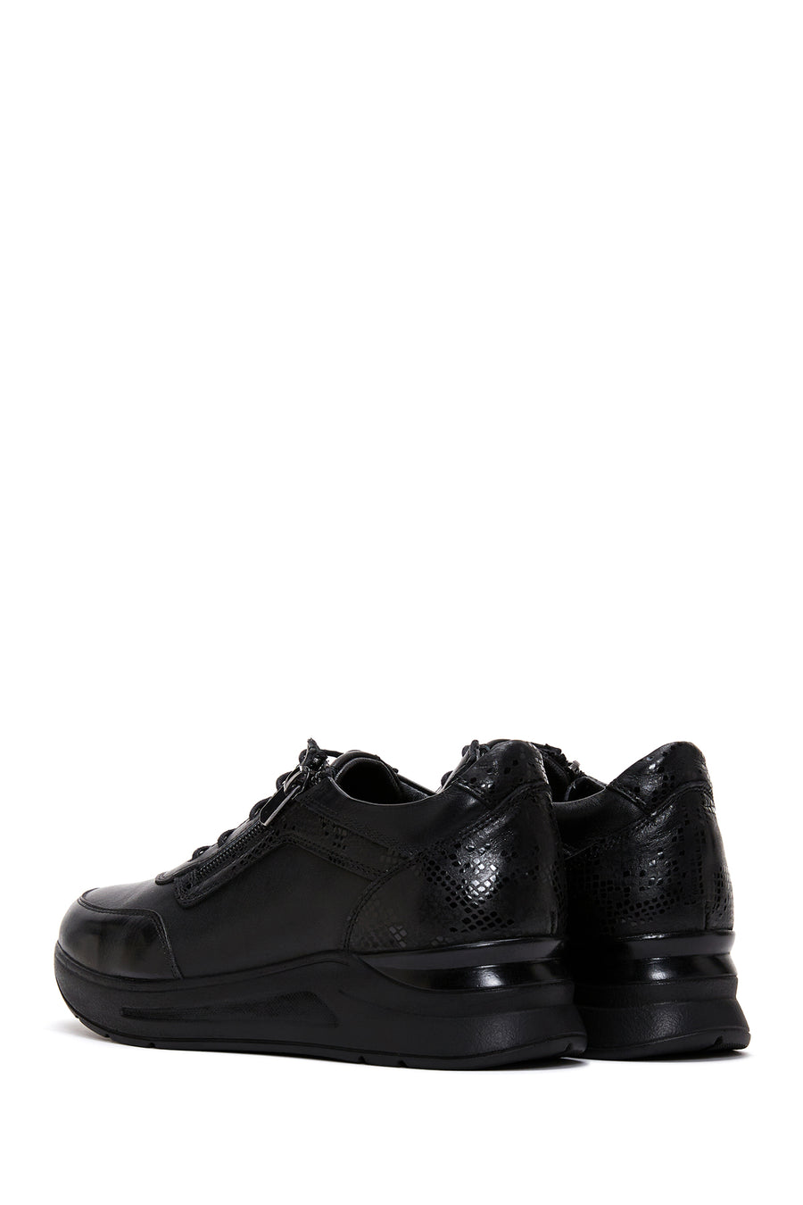 Women's Black Leather Thick Soled Sneaker