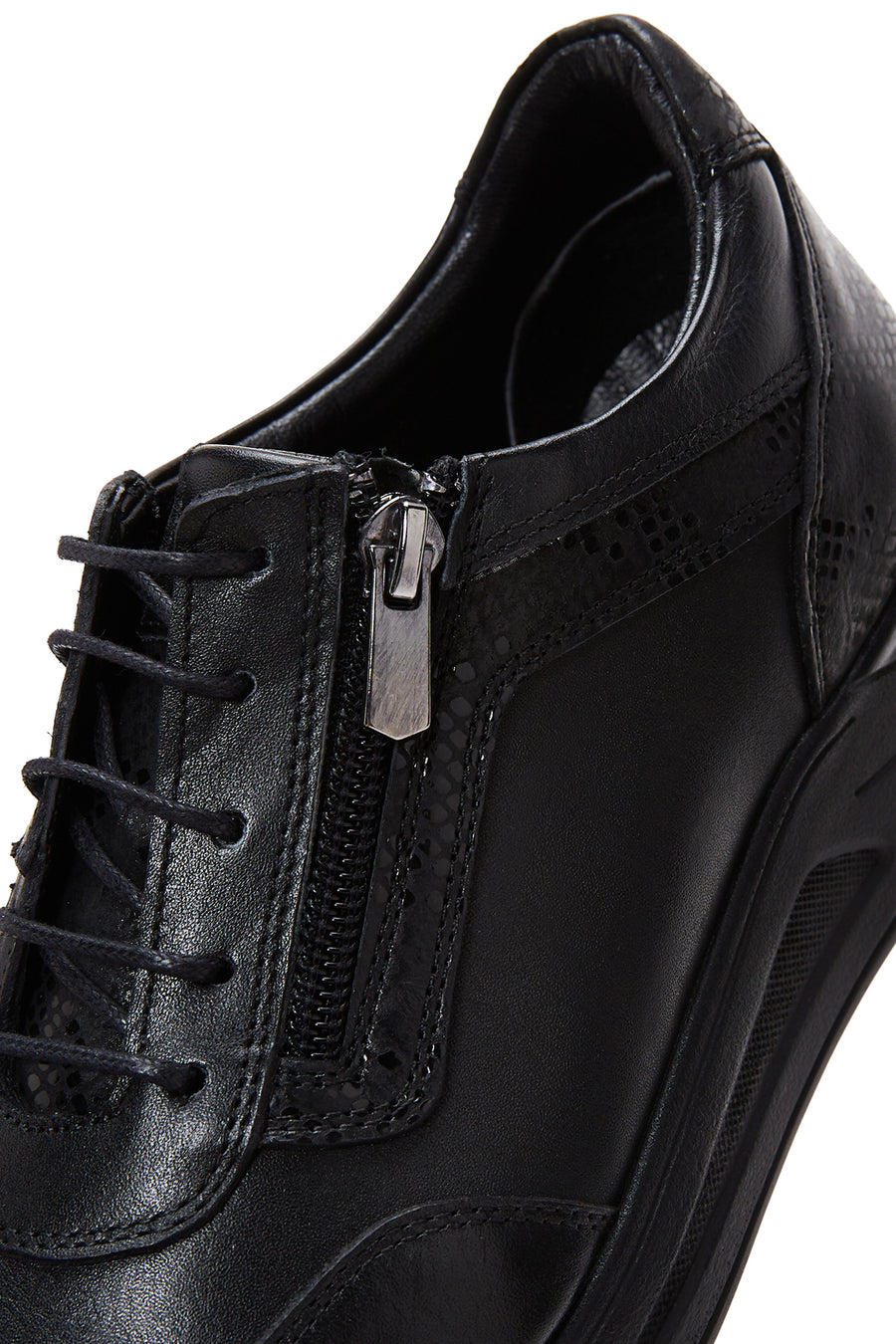 Women's Black Leather Thick Soled Sneaker