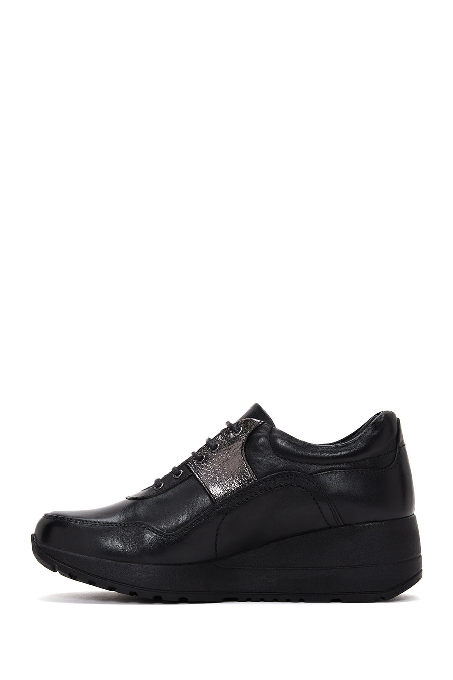 Women's Black Leather Thick Soled Sneaker