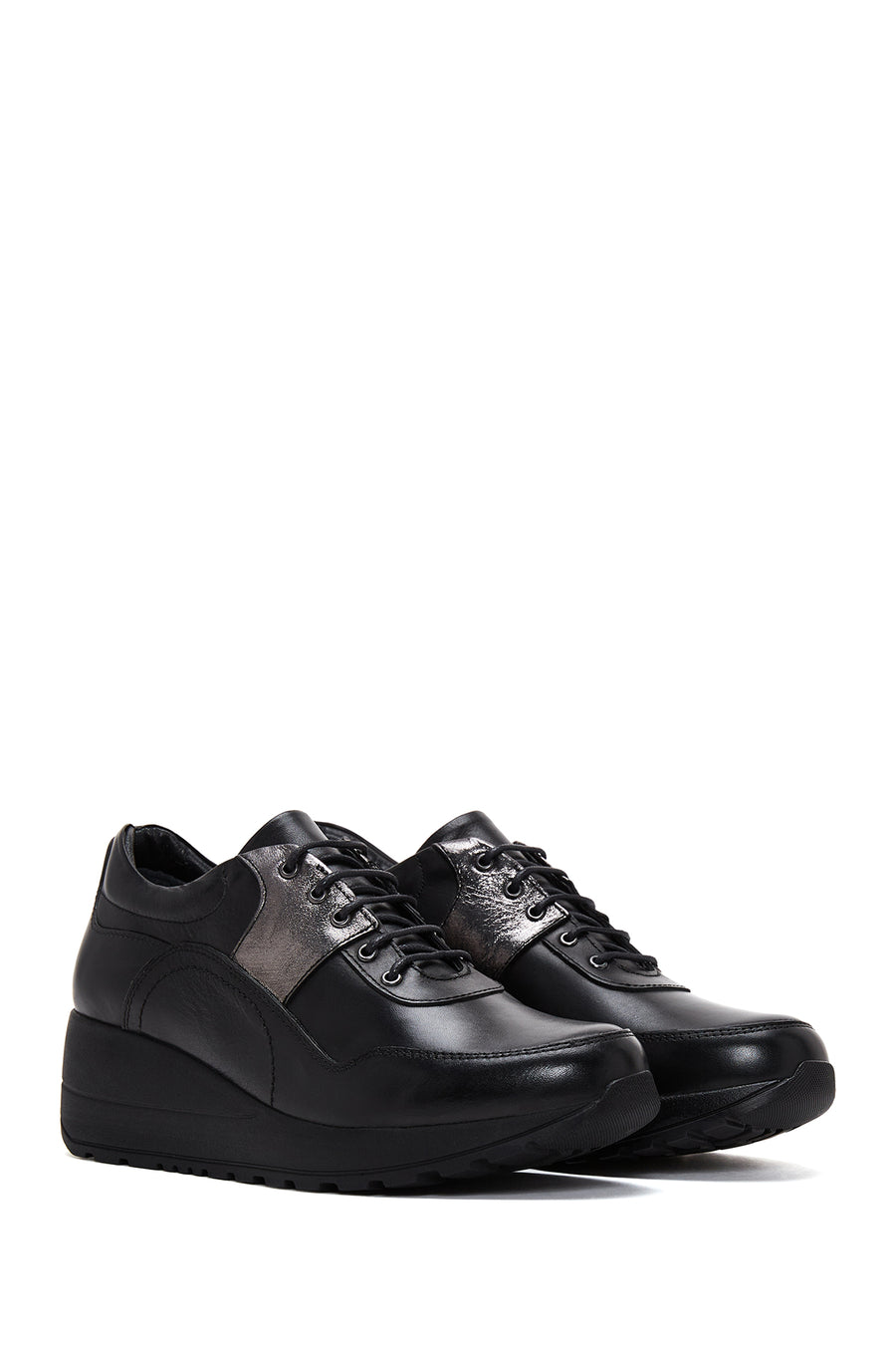 Women's Black Leather Thick Soled Sneaker