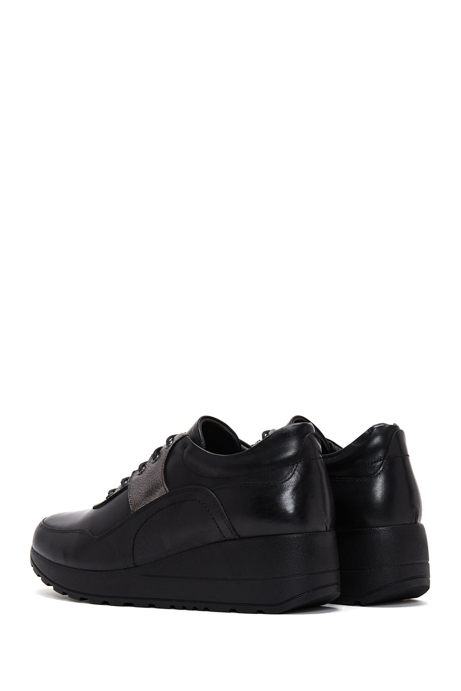 Women's Black Leather Thick Soled Sneaker