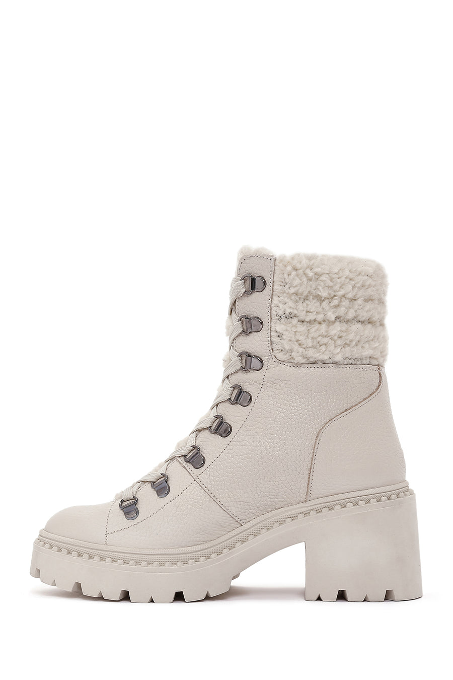 Women's Beige Short Heeled Leather Boots
