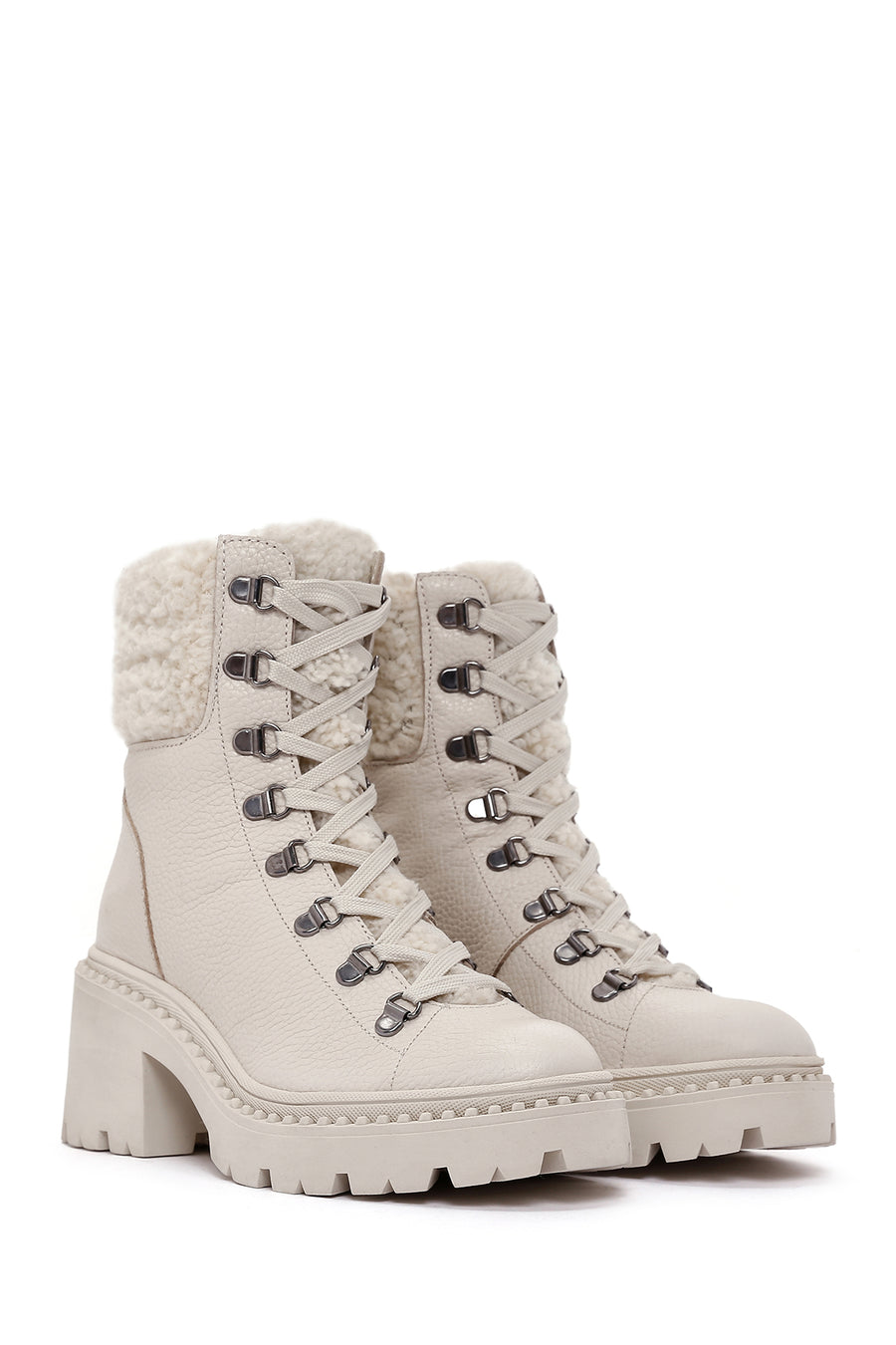 Women's Beige Short Heeled Leather Boots
