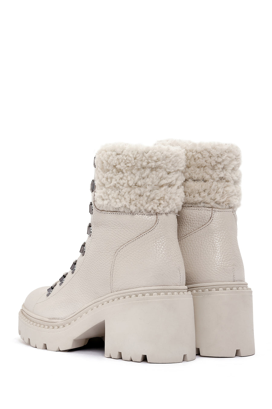 Women's Beige Short Heeled Leather Boots