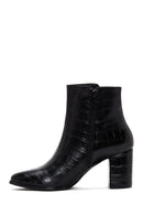 Women's Black Crocodile Leather Heeled Boots | Derimod