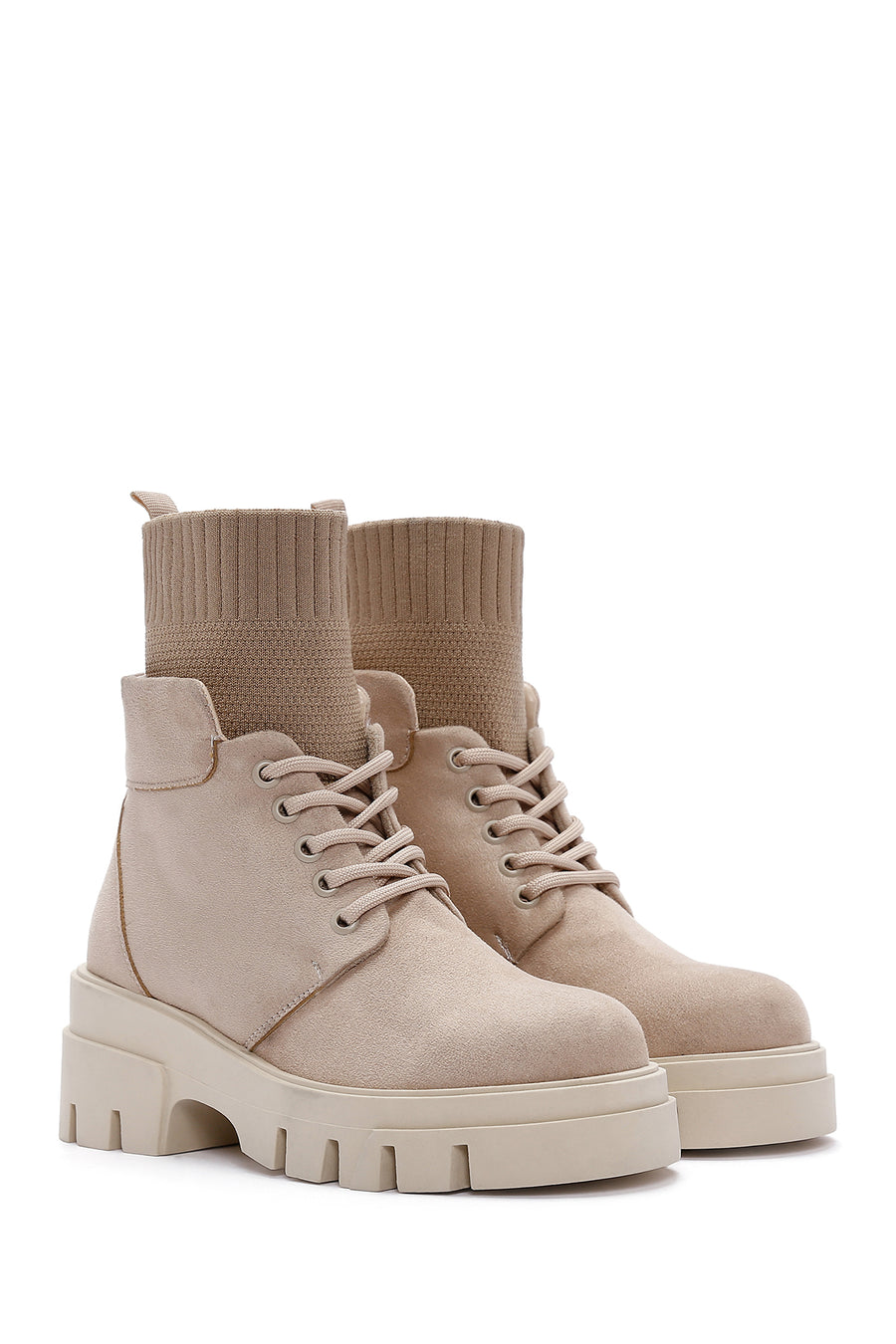 Women's Beige Thick Soled Suede Boots