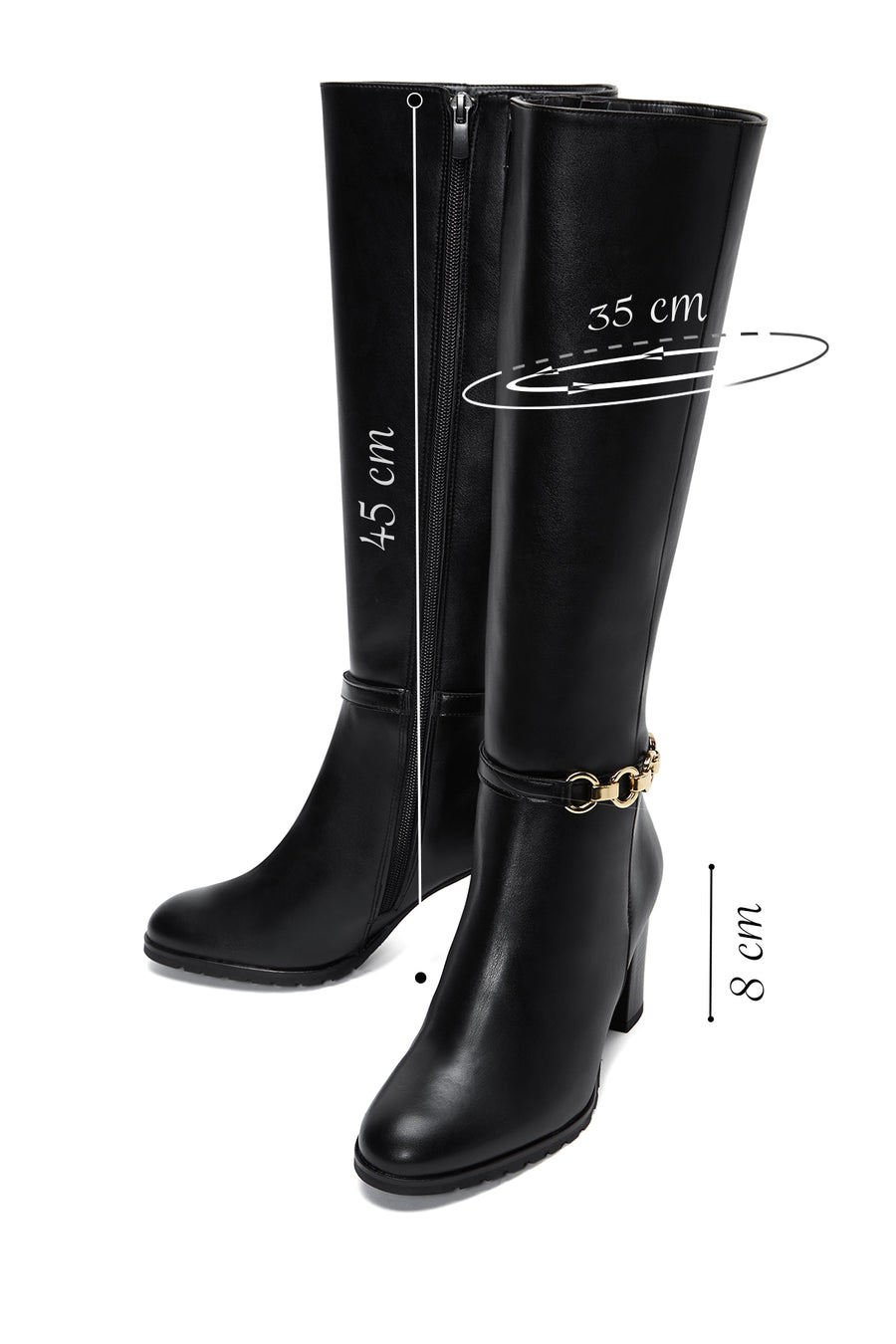 Women's Black Zippered Buckle Heeled Boots