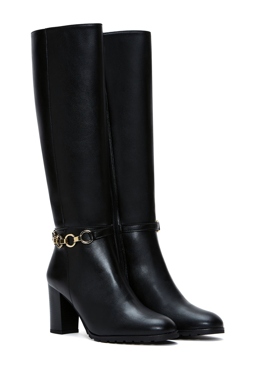 Women's Black Zippered Buckle Heeled Boots