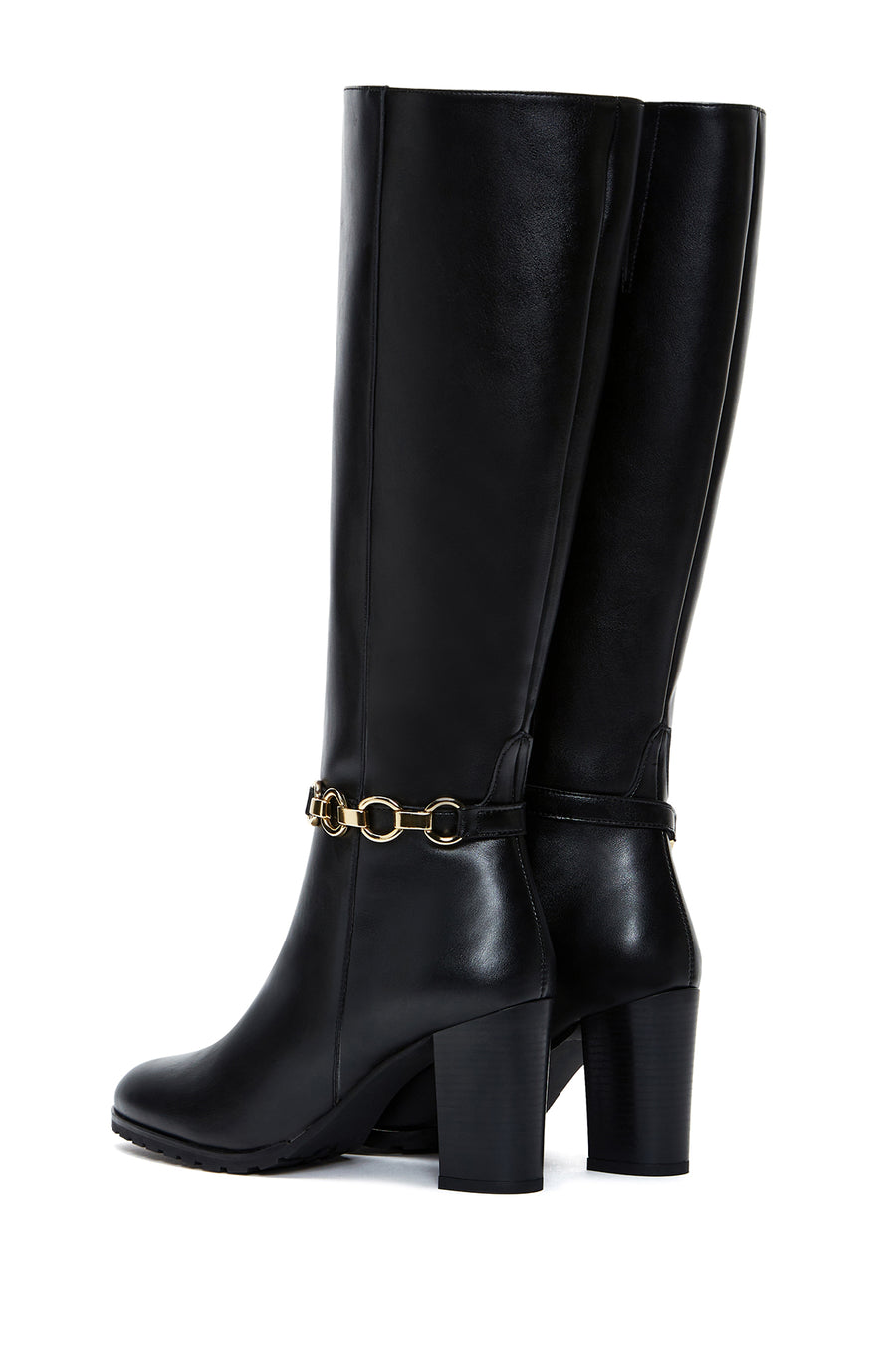 Women's Black Zippered Buckle Heeled Boots