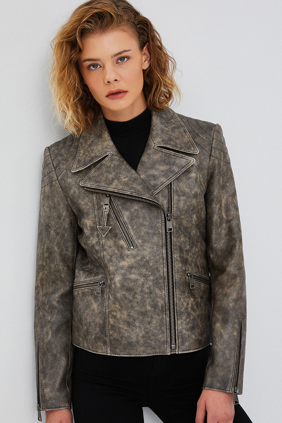 Xuma Women's Gray Biker Leather Jacket
