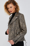 Xuma Women's Gray Biker Leather Jacket | Derimod