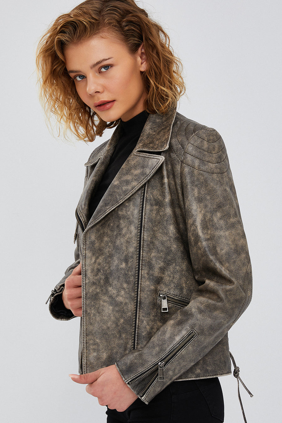 Xuma Women's Gray Biker Leather Jacket