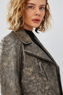 Xuma Women's Gray Biker Leather Jacket | Derimod