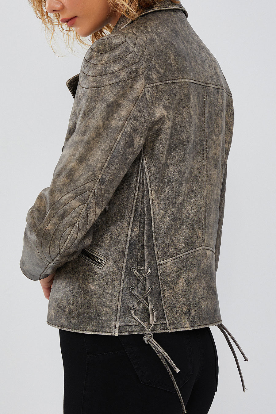 Xuma Women's Gray Biker Leather Jacket