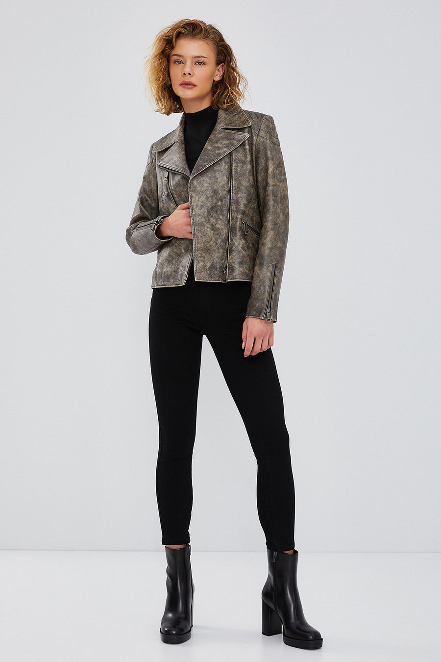 Xuma Women's Gray Biker Leather Jacket