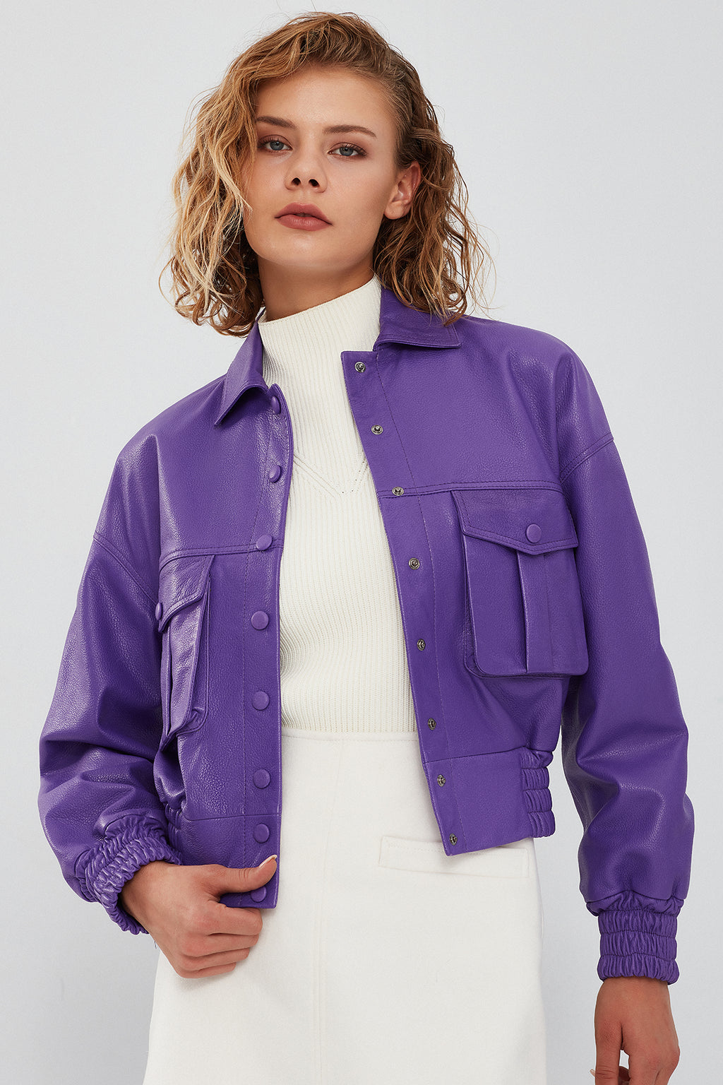 Chloe Kadın Mor Oversize Kısa Deri Mont