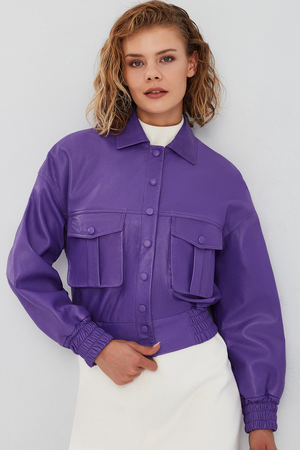 Chloe Kadın Mor Oversize Kısa Deri Mont