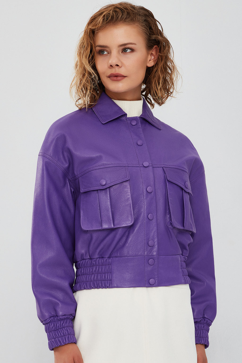 Chloe Kadın Mor Oversize Kısa Deri Mont